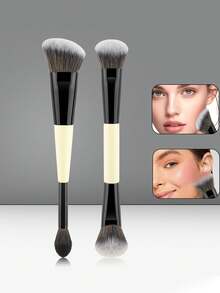 1/2 双头面部化妆刷，适用于粉底轮廓腮红高光和遮瑕刷，高级合成化妆刷套装。 - 彩色 - 查看 2