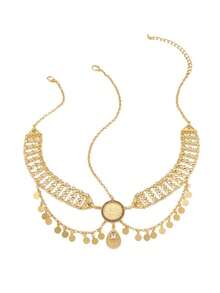 1pc Gold Coin Tassel Headchain, Arabic Style Wavy Tassel Rhinestone Flower Women Hair Chain, Bridal Luxury Hair Jewelry, Women's Party Jewelry