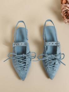 Women's New Pointed Toe Lace-Up Low Heel Casual/Work Shoes - Blue - View 5