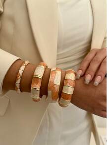 1pc Luxury Orange Textured Niche Design Metal Edged Stackable Bracelet For Women - Multicolor - View 5