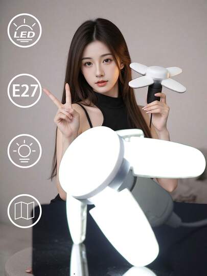 Bombilla LED E27 plegable con aspas de ventilador, luz con temporizador, AC85-265V 28W bombilla LED de alta luminosidad, adecuada para luces de techo del hogar, lámparas plegables mini, lámparas colgantes y otras iluminación interior pequeña