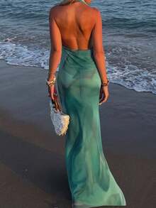 Women's Elegant Tie-Dye Fish Tail Draped Neck Dress, Suitable For Beach Vacation, Spring/Summer - Multicolor - View 3