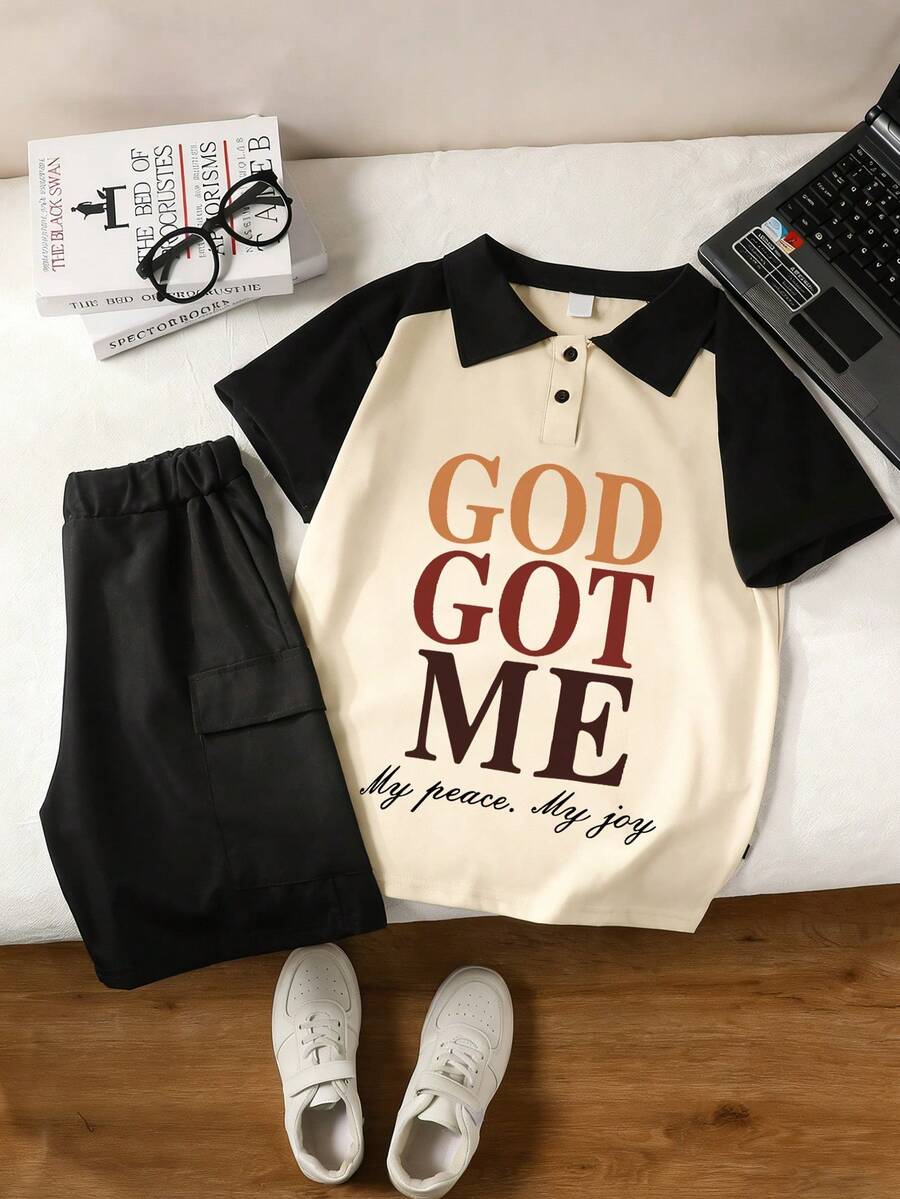 Set de 2 piezas: Camisa polo con estampado de letras + Pantalones, conjunto informal de verano para niños - Multicolor - Ver 1