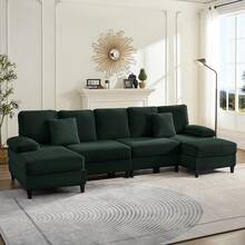 112" Upholstered U Shaped Sectional Couches, Corduroy Living Room Furniture,Large 4-Seater Sofa With Double Chaises And Sleepable Armrests,Throw Pillows For Couches Sofas Living Room - Verde - Ver 2
