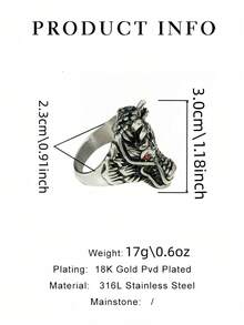 1枚朋克街头风骷髅龙头复古红眼嘻哈小众戒指，适合万圣节、音乐节、派对、街头哥特风，不锈钢电镀防水耐用男士戒指 - 骷髏龍頭男士戒指 - 查看 2