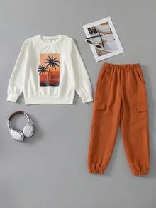 2pcs/Set Boys Casual Coconut Tree & Beach Print Long Sleeve Sweatshirt And Drawstring Sweatpants Outfit, Spring/Autumn - Brown - View 7