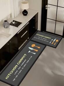 1 Set de Alfombra de Cocina y Utensilios de Gel de Sílice, con Colores Azul Suave y Naranja, Texto Decorativo "ALFOMBRA DE COCINA", Alfombra de Cocina de Lujo y de Moda, Acolchada Anti-Fatiga, Tela Superficial, Esponja Absorbente en el Medio, Goma Antideslizante en la Parte Inferior - Multicolor - Ver 2