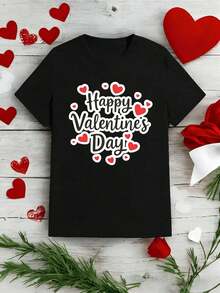 Camiseta de San Valentín con estampado gráfico, 100 % algodón, corte cómodo, estilo hip-hop callejero, transpirable. - Negro - Ver 2