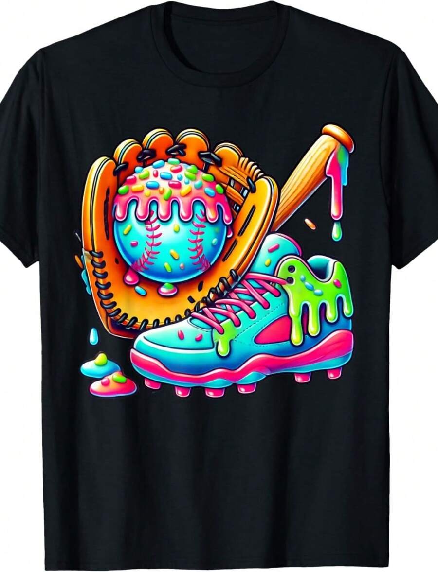 Ice Cream Drip Baseball Stuff Baseball Drip For Boys Graphic T-Shirt - Negro - Ver 1