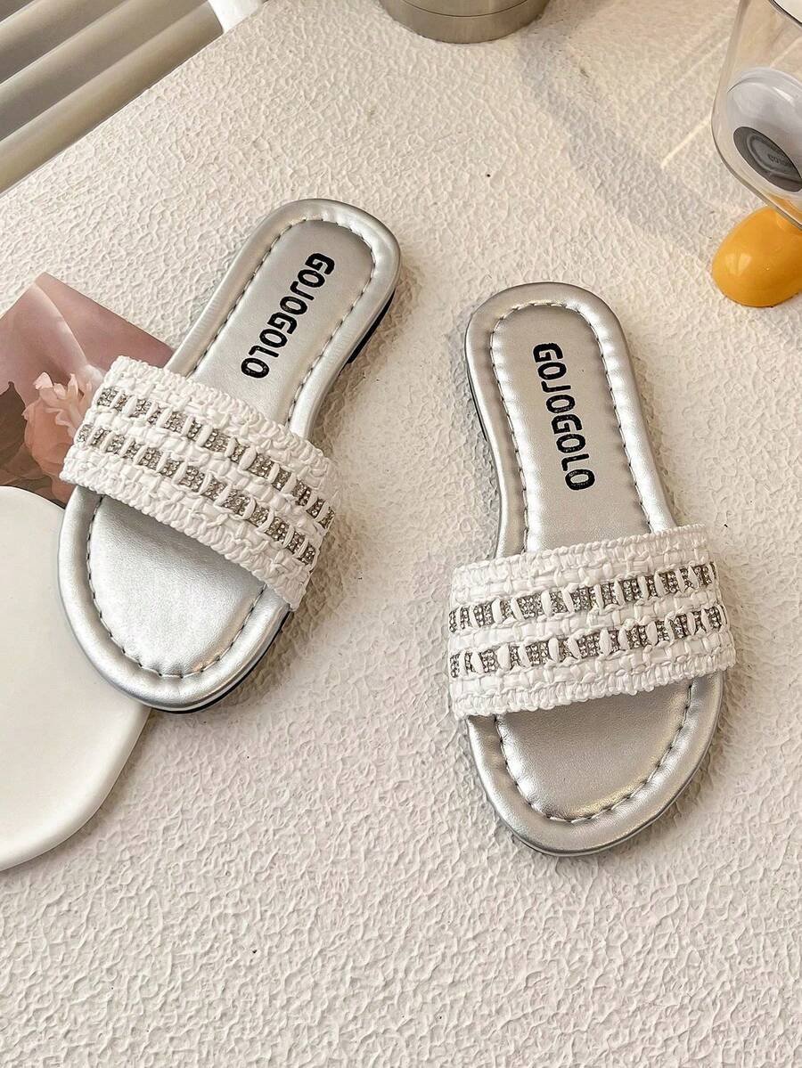 1 Pair Girls' Woven Rhinestone PU Leather Non-Slip Open Toe Flat Sandals, Suitable For Birthday Parties, Children's Dances, And Weekend Family Outings