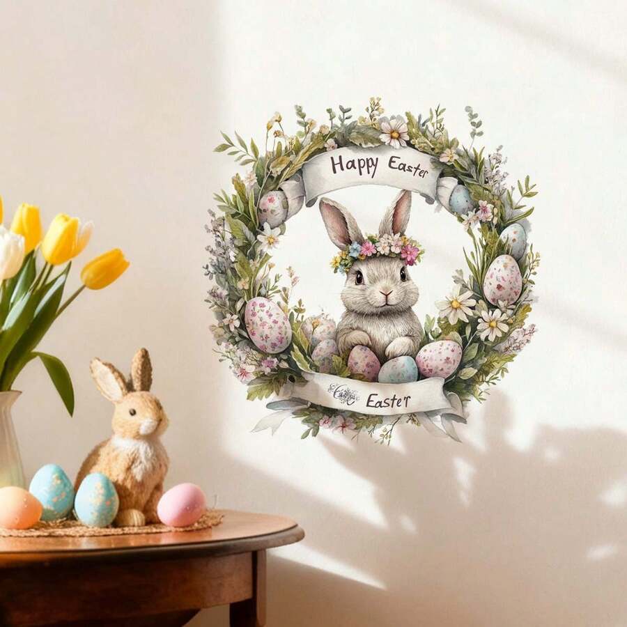 1件复活节兔子花环和彩蛋墙贴，DIY可移除PVC自粘贴纸，适用于春季卧室、客厅、阳台和窗户装饰 - 彩色 - 查看 1