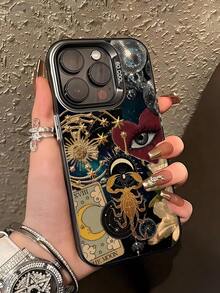 1 pieza Funda de teléfono a prueba de golpes con diseño de estrella, luna y ojo en negro mate IMD, personalizada compatible con iPhone 16 Pro Max, 15/14 Plus, 13, 12, 11 y series - Multicolor - Ver 1