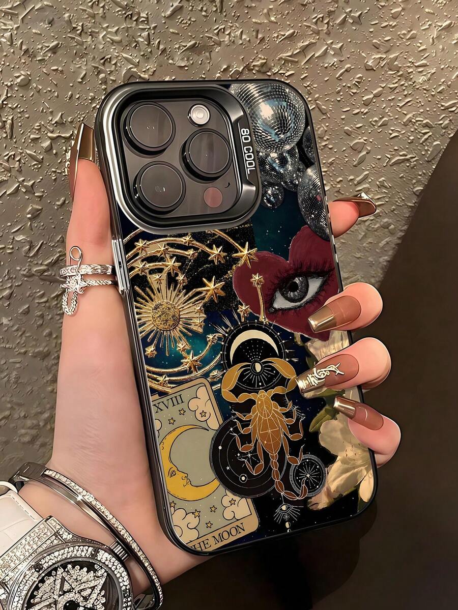 1 pieza Funda de teléfono a prueba de golpes con diseño de estrella, luna y ojo en negro mate IMD, personalizada compatible con iPhone 16 Pro Max, 15/14 Plus, 13, 12, 11 y series - Multicolor - Ver 1