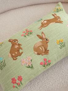 1pc Easter Green Rabbit Embroidered Throw Pillow Cover, Spring Floral Cushion Cover, Suitable For Indoor Decor, Spring/Summer Pillowcase, Pillow Insert Not Included - Green - View 6