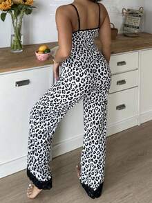 Black & White Leopard Lace Camisole Pajama Set, Sexy Spaghetti Strap Loungewear With Loose Pants, 2pcs - Black and White - View 5