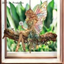 Dwuwymiarowy, płaski, uroczy, akrylowy łapacz słońca w kształcie wróżki – fantazyjny aniołek, idealny do ogrodu wróżek, dekoracji okiennych, salonu, sypialni, werandy, biura, korytarza, kuchni, łazienki, wiszących dekoracji zewnętrznych, fantazyjnej dekoracji okiennej | Żywe dekoracje wróżek | Tęczowa, opalizująca dekoracja ogrodu wróżek, efekt/wzór szklany - Kolorowy - Zobacz 2