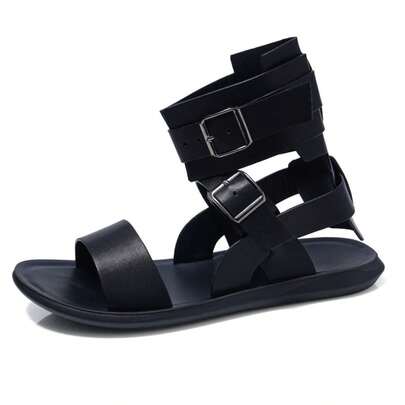 复古男士罗马凉鞋，人造革绑带高帮凉鞋，时尚露趾平底凉鞋（大码），热销男士金属扣罗马鞋，多功能沙滩凉鞋（跨境供应）