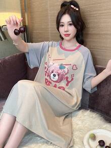 灰色拼接撞色可爱卡通熊印花女式睡裙，插肩袖设计 - 灰色 - 查看 5