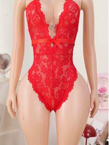 2pcs Red Lace Sheer Jumpsuit, Classic Sexy Mature Alluring Tight-Fitting, With Belt - Red - View 5