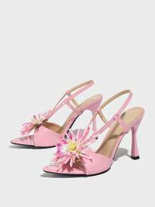 Sandalias elegantes para mujer, diseño de girasol 3D radiante, tacón de aguja de punta fina, material de textura de espejo de alta calidad y cómodo, tacones altos abiertos de moda y sexys, estilo europeo y americano, adecuados para cualquier ocasión: primavera/verano, bar, discoteca, reunión de socialité, fiesta, escenario, vacaciones, boda, iglesia, tacones altos rosas, zapatos de mujer elegantes y de moda - Rosa - Ver 5