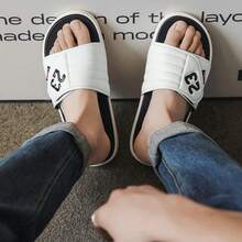 1 Pair Men's Summer Slide Sandals, Flat, Hook And Loop, Non-Slip, Casual, Home & Bathroom Slippers - White - View 8