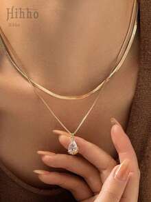 Hihho 2入組水滴微嵌鑲立方氧化鋯吊墜雙層精緻項鍊女士日常配飾，禮物 - 金黃色 - 查看 8