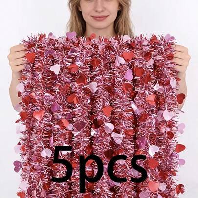 10m=5pcs Realistic Artificial Heart Shaped Vine, Artificial Flowers, Romantic Valentine's Day Faux Pink Heart Plush Ribbon Wreath, Non-Lighted Artificial Flower Wreath
