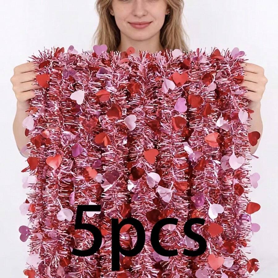10m=5pcs Realistic Artificial Heart Shaped Vine, Artificial Flowers, Romantic Valentine's Day Faux Pink Heart Plush Ribbon Wreath, Non-Lighted Artificial Flower Wreath
