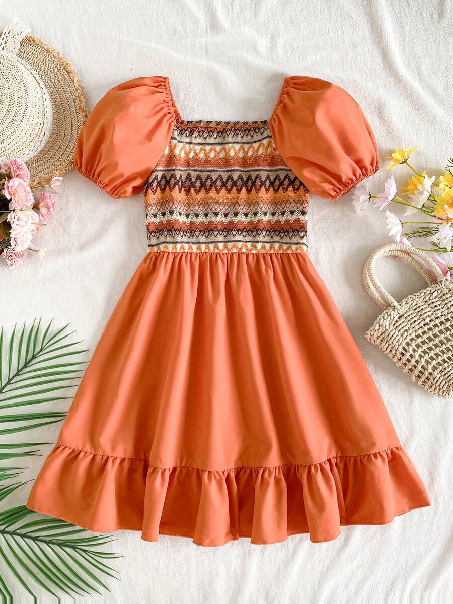 Young Girls' Bohemian Style Puff Sleeve Patchwork Dress - Orange - View 1