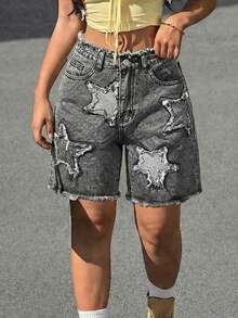 Women's Loose Gray Denim Bermuda Shorts With Star Cutout Design, Frayed Hem, Non-Stretch Fabric, With Pockets And Zipper, Casual Wear - Grey - View 5