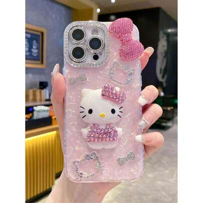  1 chiếc ốp lưng điện thoại TPU cao cấp màu hồng đính đá hình Hello Kitty hoạt hình nơ to, phủ kín toàn bộ, dành cho nữ, chống sốc, phù hợp với 11/12/13/14/15/16/17 PROMAX, Sanrio, KT, Rhinestone, Laser Heart