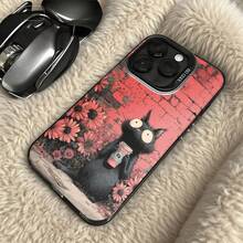Funda de Teléfono Color Rosa Gato Negro con Estampado de Flores y Taza de Café para iPhone 14 13 12 11 Pro Max y  Galaxy S23 S22 S21 S20 Opción de Regalo Ideal para Todas las Estaciones - Plateado - Ver 5