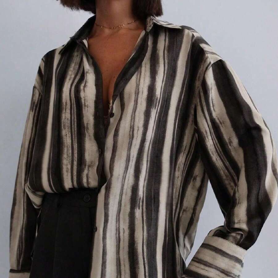Camisa de mujer de manga larga a rayas, de un solo pecho, versátil y casual para uso diario, primavera - Multicolor - Ver 1