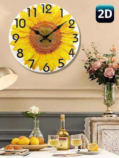 1 pieza Reloj de pared redondo de 12 pulgadas con impresión de girasol 2D realista y hermosa, reloj de escritorio analógico de cuarzo silencioso, sin incluir pilas AA para el hogar, la oficina y la escuela