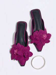 女士时尚仿真花平底便鞋，适合所有季节的穆勒拖鞋，封闭式鞋头 - 玫紅色 - 查看 15