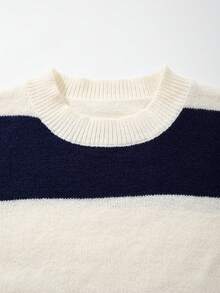 Sweater Patchwork Bergaris Klasik Unisex, Atasan Rajut Longgar Kasual Nyaman Bergaya Retro dengan Leher Bulat, Cocok untuk Musim Gugur dan Musim Dingin - Aprikot - View 8