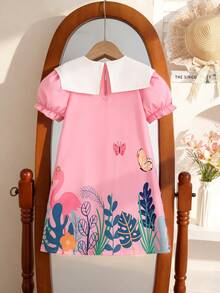 Young Girls Summer New Peter Pan Collar Bow Ruffle Cartoon Animal & Plant Print Casual Dress - Pink - View 3
