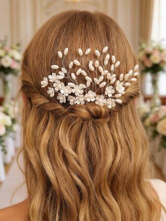 1 pieza Peineta de flor de perla blanca elegante de moda para mujer, accesorio de pasador de moño trenzado hecho a mano, adecuado para uso diario, festivales, fiestas, bodas, bailes, Eid
