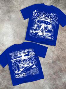 Y2k (220g Pure Cotton T-Shirt) Men's Summer Round Neck Short Sleeved Casual Pure Cotton Print SPACETOUR - 藍色 - 查看 1