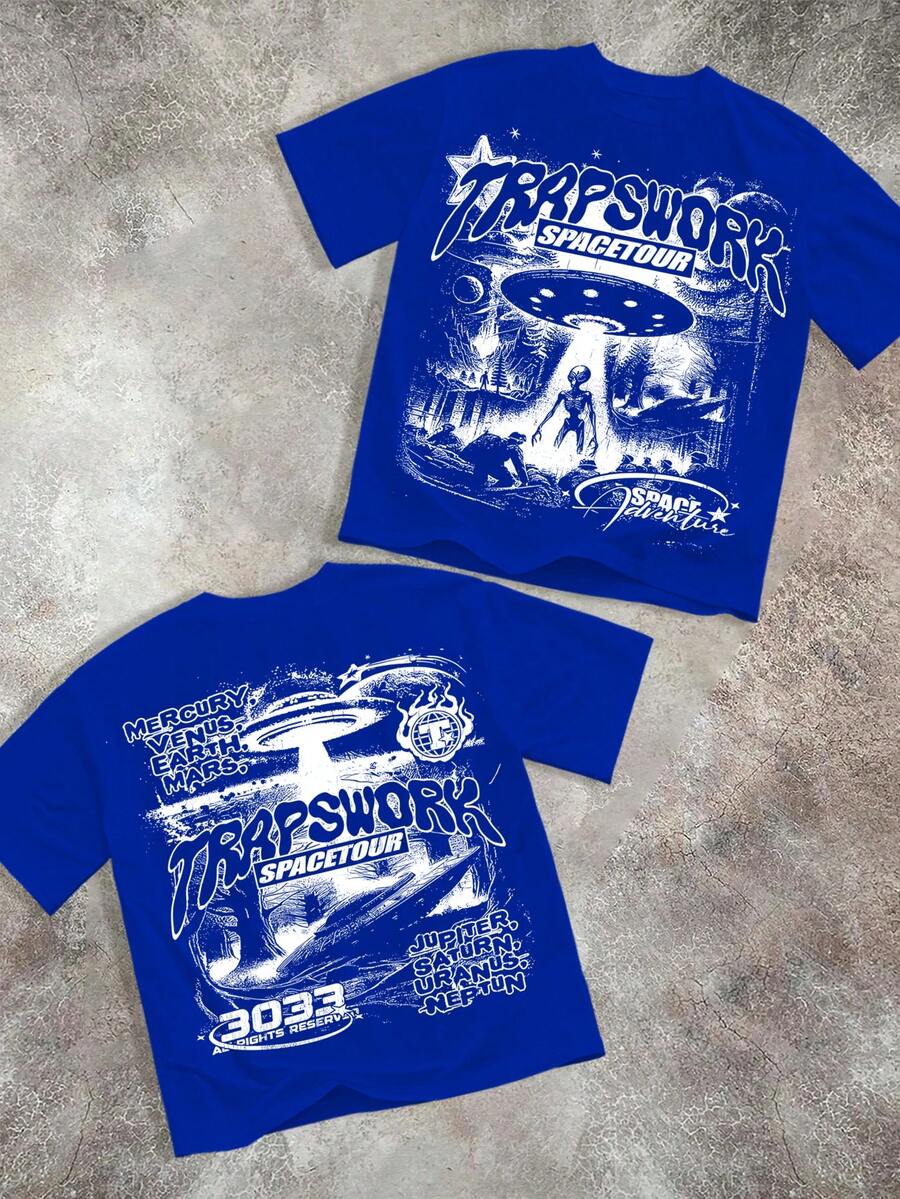 Y2k (220g Pure Cotton T-Shirt) Men's Summer Round Neck Short Sleeved Casual Pure Cotton Print SPACETOUR - 藍色 - 查看 1