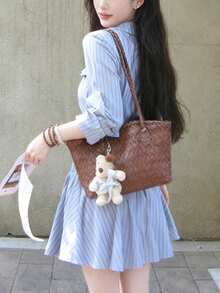 Casual Commuter Striped Front Button Waist Cinched Dress - Blue - View 7