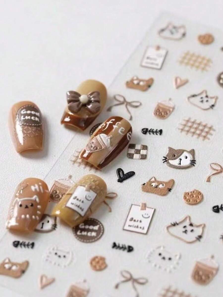 1pc Cute Meerkat Cat 3D Nail Art Stickers, Chocolate Bear Embossed Nail Decals, Nail Accessories, Nail Decorations, Nail Stickers - Multicolor - View 1