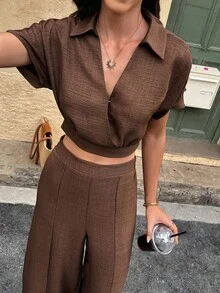 2pcs Women's Linen Blend Crossed V-Neck Wide Leg Suit Summer - Brown - View 2