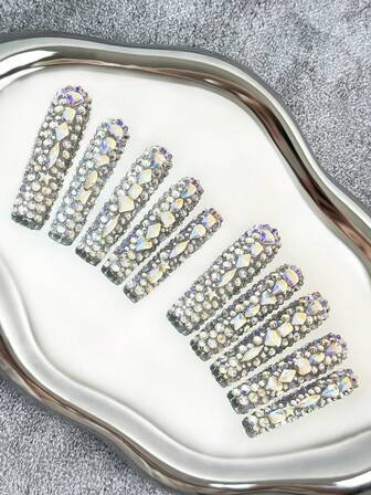 Y2K 56MM Extra Långa Fyrkantiga Naglar Handgjorda Press-On Naglar Med Transparenta Tips, Flerfärgade Strass & Glittrande Heltäckande 3D-Design - Heltäckande DIY Glitter Konstnaglar, Lösnaglar För Fester, Utomhus, Strand, Dagligen, Heldagar, Sammankomster, Arbete & Speciella Evenemang - 10 Styck/Påse