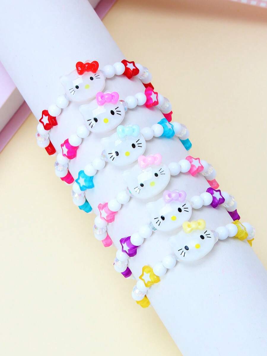 SANRIO 6件套可爱三丽鸥女孩星星串珠手链腕带饰品，适合节日派对、学校、生日礼物（女孩适用） - 彩色 - 查看 1