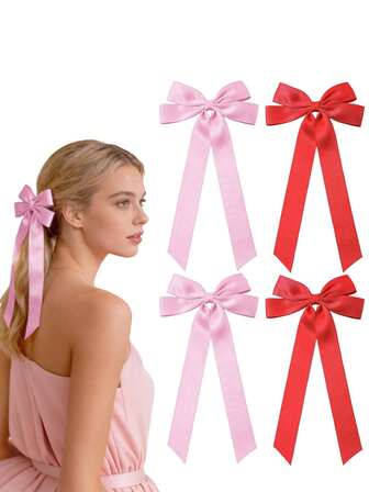 1/4 st alla hjärtans dag-rosett röda hårrosetter klämmor för kvinnor, rosett hårspännen för flickor band rosett hårspännen satin hårrosetter långa svans klämmor på rosetter fest håraccessoarer jul hårrosetter klämmor, för alla hjärtans dag nyår accessoarer för kvinnor thanksgiving rosa rosettdekor