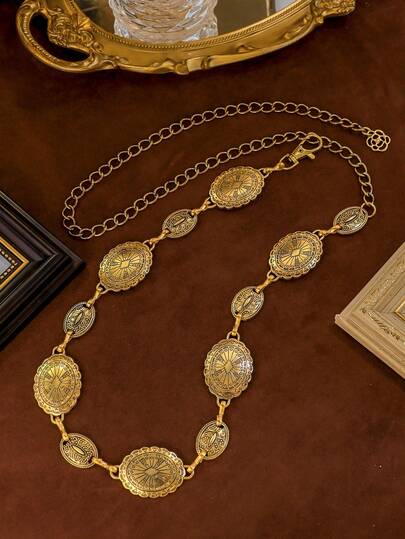 1pc Women's Bohemian Western Style Carved Geometric Pattern Vintage Waist Chain, Casual Fashion Accessory