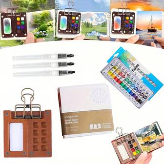 7 pezzi Mini Set di Pittura ad Acquerello, Set da Viaggio per Acquerello, Tavolozza Nano, con 12 Colori, Scatola di Legno a Griglia per Pittori Artisti Studenti