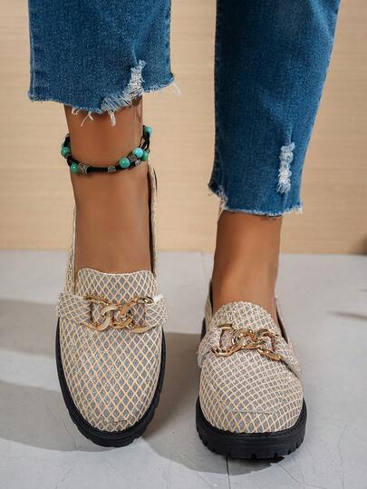 Fashionable Korean Style Metal Chain Decor Women's Apricot Round Toe Loafers, Personalized Hollow Sequin Design Luxurious Party Vibe Chunky Heel Shoes, Versatile For Commuting, Work, Casual Wear, Great Gift For Teacher's Day/Mother's Day
