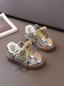 1pair Children's Athletic Shoes With PU Upper, Anti-Slip Outsole And Hook And Loop Closure - Gold - View 14